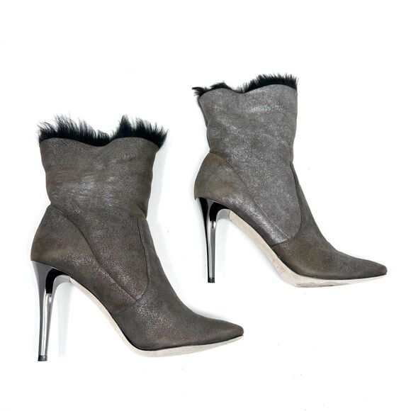 Jimmy Choo Tempo Bootie EU 40 Brown Shimmer Suede Shearling Fur Lined Heels - Picture 9 of 13